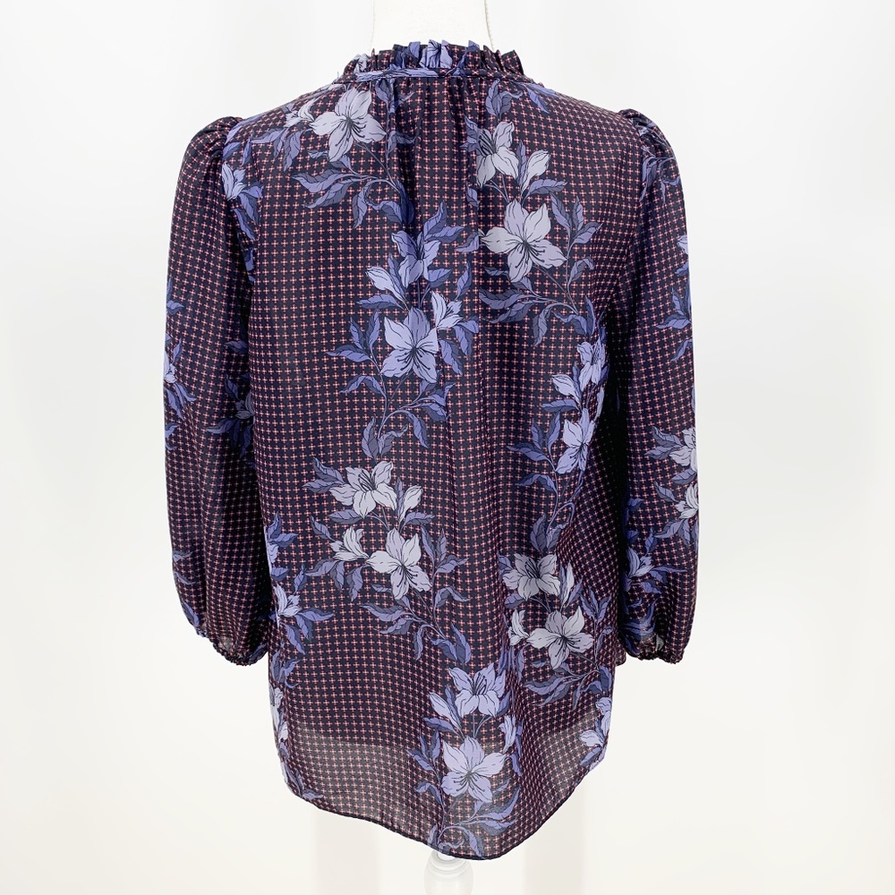 Shoshanna Mixed Floral Print Chiffon Ruffle Tie Neck 3/4 Sleeve Blouse S… - Picture 3 of 13